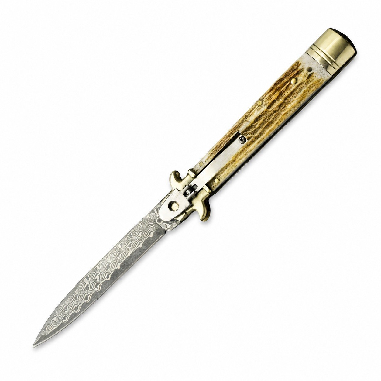 Open 9-inch antler-handle stiletto knife